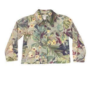 Coldwater Creek Button Front Jacket PXS Floral Leaf Print 100% Cotton Denim